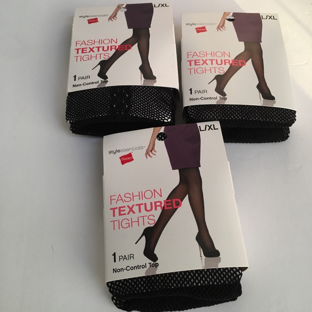 3 Pairs of Hanes Style Essentials Fashion Textured Tights Black  Size L/XL